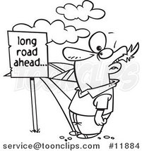 Cartoon Outlined Guy Facing a Long Road Ahead Sign and a Hilly Path by Toonaday