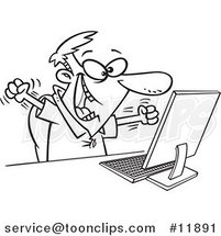 Cartoon Outlined Excited Guy Celebrating at His Computer Desk by Toonaday