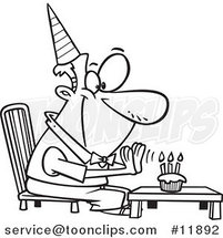Cartoon Outlined Birthday Guy Seated Before His Cupcake by Toonaday