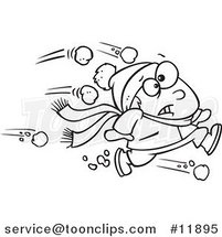 Cartoon Outlined Outnumbered Boy Running from Snowballs by Toonaday