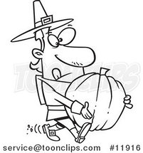 Cartoon Outlined Pilgrim Guy Carrying a Pumpkin by Toonaday