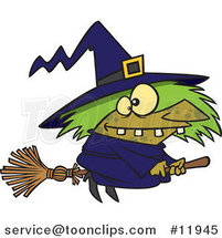 Cartoon Warted Green Witch on Her Broomstick by Toonaday