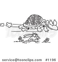 Cartoon Black and White Outline Design of a Tortoise Flying over a Hare by Toonaday