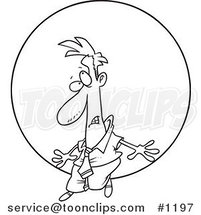 Cartoon Black and White Outline Design of a Struggling Business Man Pushing a Ball Uphill by Toonaday