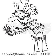 Cartoon Black and White Outline Design of a Scuba Guy Taking Underwater Pictures by Toonaday