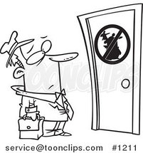 Cartoon Black and White Outline Design of an Unwelcome Salesman Standing at a Door by Toonaday