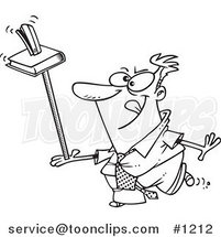 Cartoon Black and White Outline Design of an Unproductive Business Man Balancing a Book and Stapler on a Ruler by Toonaday