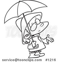 Cartoon Black and White Outline Design of a Sad Girl in Rain Gear, Waiting for Showers by Toonaday