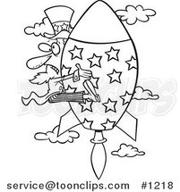 Cartoon Black and White Outline Design of Uncle Sam Shooting Upwards on a Rocket by Toonaday