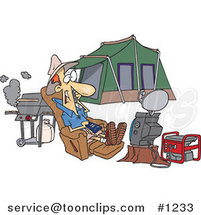 Cartoon Guy Watching Tv Hooked up to a Generator at His Camp Site by Toonaday