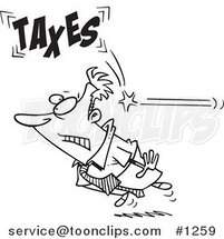 Cartoon Black and White Outline Design of a Business Man Being Hit from Behind with Taxes by Toonaday
