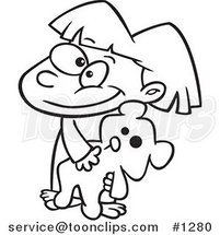 Cartoon Black and White Outline Design of a Happy Girl Carrying Her Teddy Bear by Toonaday