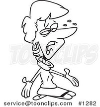 Cartoon Black and White Outline Design of a Stressed Business Woman Kneeling on the Floor and Crying by Toonaday