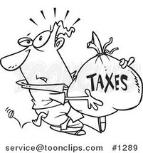 Cartoon Black and White Outline Design of a Business Man Being Hit with Extra Taxes and Carrying a Money Bag by Toonaday