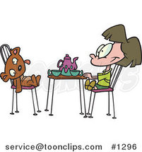 Cartoon Girl Having a Tea Party with Her Teddy Bear by Toonaday