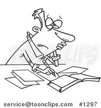 Cartoon Black and White Outline Design of a Stressed Business Man Doing His Taxes by Toonaday