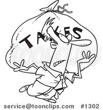 Cartoon Black and White Outline Design of a Business Man Carrying a Huge Bag of Money for Taxes by Toonaday