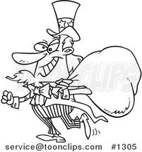Cartoon Black and White Outline Design of Uncle Sam Grinning and Carrying a Money Bag over His Shoulder by Toonaday