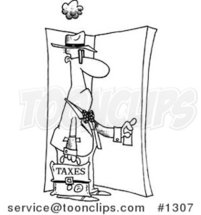 Cartoon Black and White Outline Design of a Tax Guy Walking Through a Door by Toonaday