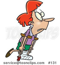 Cartoon Red Haired Lady with a Cast, Using Crutches by Toonaday