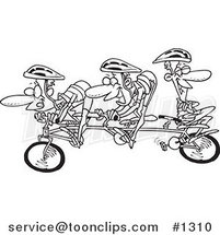 Cartoon Black and White Outline Design of a Lazy Guy Relaxing on a Tandem Bike While His Partners Cycle by Toonaday
