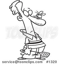 Cartoon Black and White Outline Design of a Guy About to Whack a Fly on His Nose by Toonaday