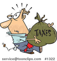 Cartoon Business Man Being Hit with Extra Taxes and Carrying a Money Bag by Toonaday
