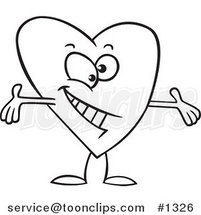 Cartoon Black and White Outline Design of a Surprising Heart with Open Arms by Toonaday