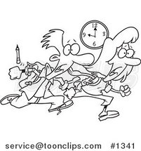 Cartoon Black and White Outline Design of a Tardy School Boy and Girl Racing to Class by Toonaday