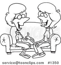 Cartoon Black and White Outline Design of Two Talkative Women Sitting on a Sofa by Toonaday