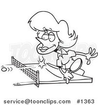 Cartoon Black and White Outline Design of a Lady Playing Table Tennis by Toonaday