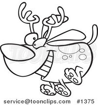 Cartoon Black and White Outline Design of a Christmas Dog Running and Wearing Antlers by Toonaday