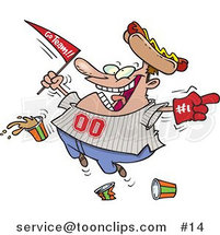 Cartoon Baseball Fan with a Hot Dog Hat, Flag, Hand and Drinks by Toonaday