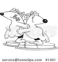 Cartoon Black and White Outline Design of a Romantic Polar Bear Couple Dancing the Tango on Ice by Toonaday