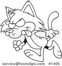 Cartoon Black and White Outline Design of a Mad Cat Walking by Toonaday