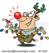 Red Nosed Cartoon Business Man Wearing Antlers and Holding a Drink While Draped in Christmas Lights by Toonaday