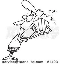 Cartoon Black and White Outline Design of a Stressed Lady Holding a Ticking Box by Toonaday