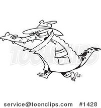 Cartoon Black and White Outline Design of a Thug Crocodile in a Hat and Coat by Toonaday