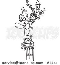 Cartoon Black and White Outline Design of a Guy Sitting on a Stool and Wearing a Thinking Cap by Toonaday