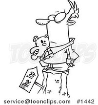 Cartoon Black and White Outline Design of a Business Man Holding His Teddy Bear at the Top of a Hill by Toonaday