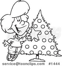 Cartoon Black and White Outline Design of a Happy Girl Decorating a Christmas Tree by Toonaday