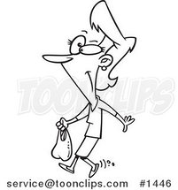 Cartoon Black and White Outline Design of a Thrifty Lady Carrying a Plastic Bag by Toonaday