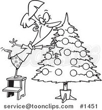 Cartoon Black and White Outline Design of a Happy Lady Decorating a Christmas Tree by Toonaday