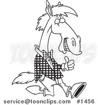 Cartoon Black and White Outline Design of a Horse Walking Upright in Clothes and Holding a Thumb up by Toonaday