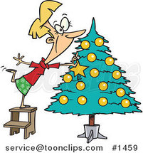 Cartoon Blond Lady Decorating a Christmas Tree by Toonaday