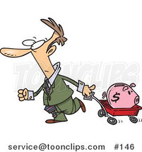Cartoon Guy Pulling a Piggy Bank in a Wagon by Toonaday