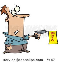 Cartoon Guy Shooting a Dud Gun with a Bang Flag by Toonaday