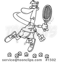 Cartoon Black and White Outline Design of a Tennis Player Trying to Hit Balls by Toonaday