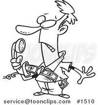 Cartoon Black and White Outline Design of an Annoyed Guy Holding a Phone with Telemarket Money Flying out by Toonaday