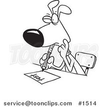 Cartoon Black and White Outline Design of a School Dog Taking a Test by Toonaday